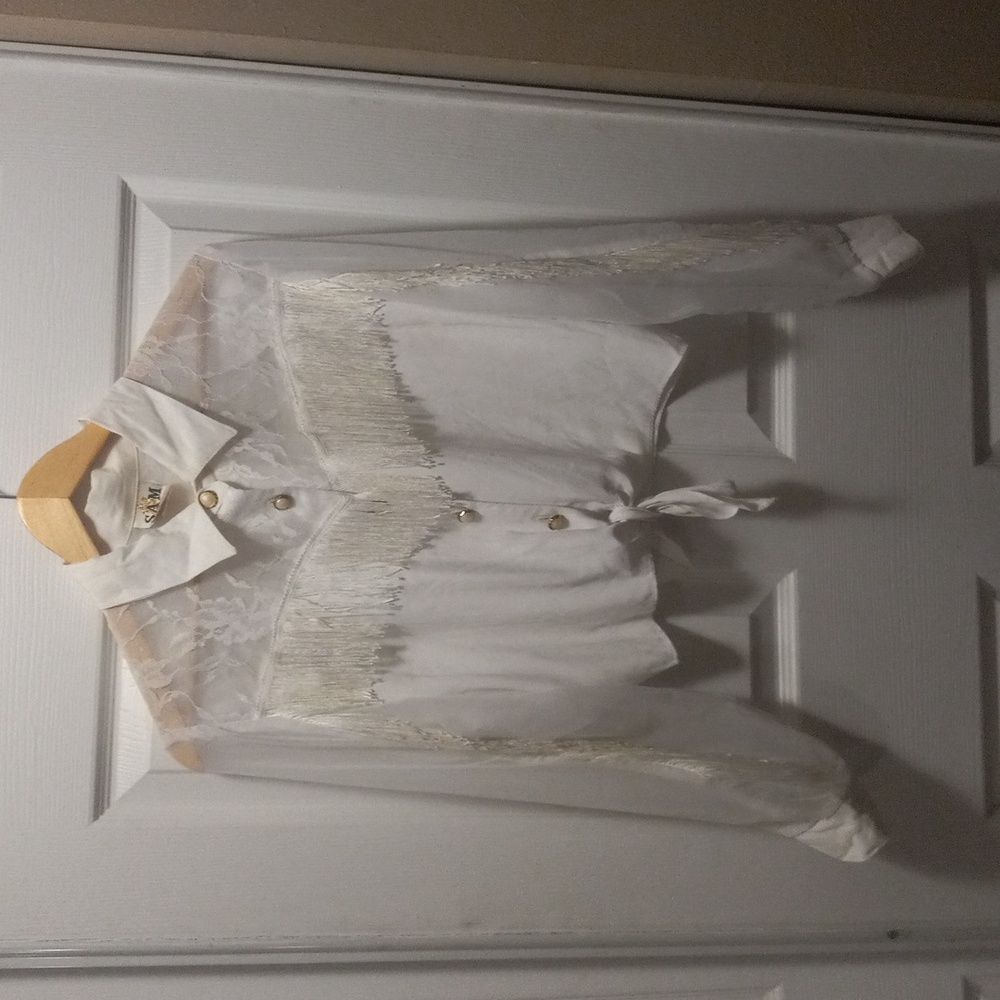 Vintage White Western Cowgirl Cropped Fringe Lace Blouse